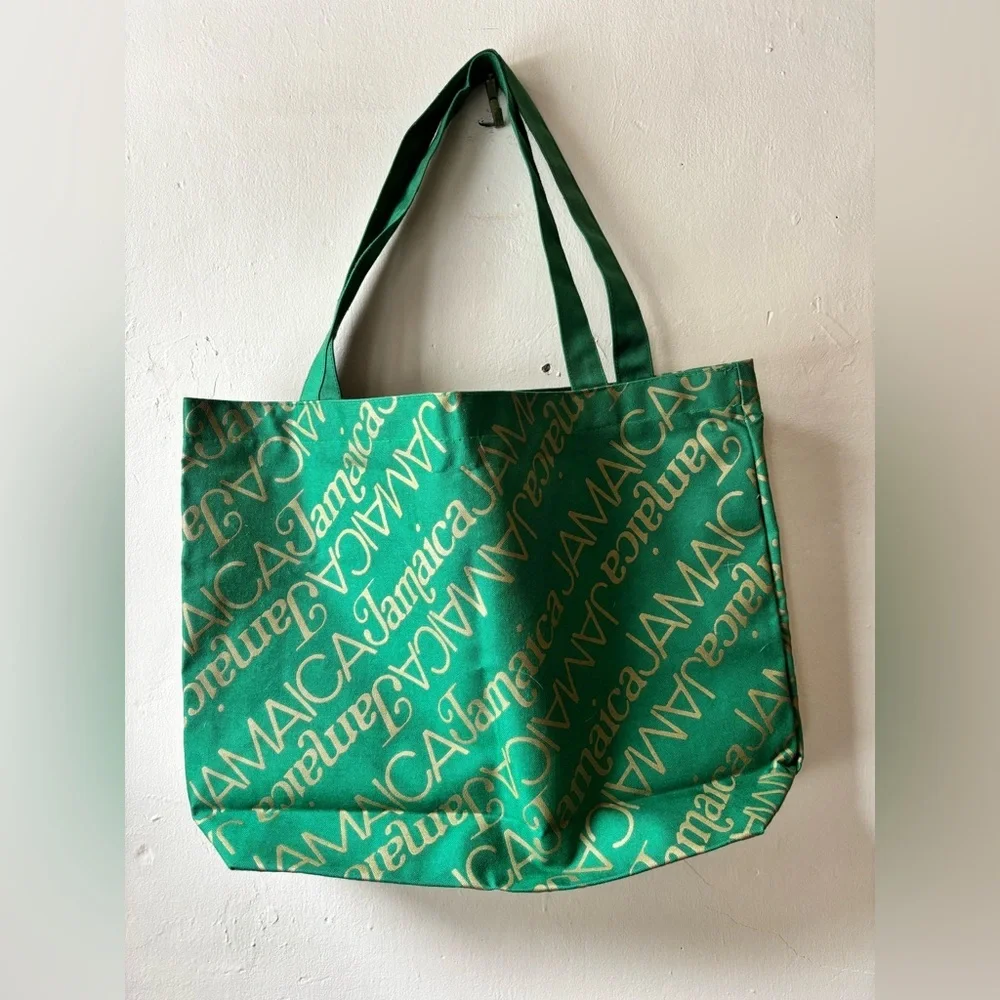 Vintage Deadstock Jamaica Green & Gold Canvas Tote Beach Bag